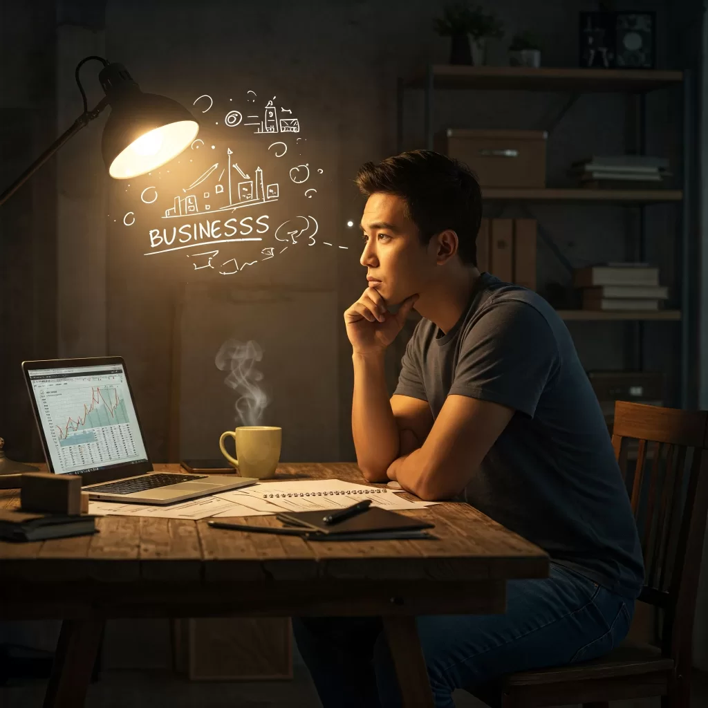 mentalidade empreendedora Homem imaginando abrir um negócio