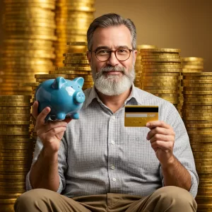 Finanças Pessoais, homem segurando cartão e cofre