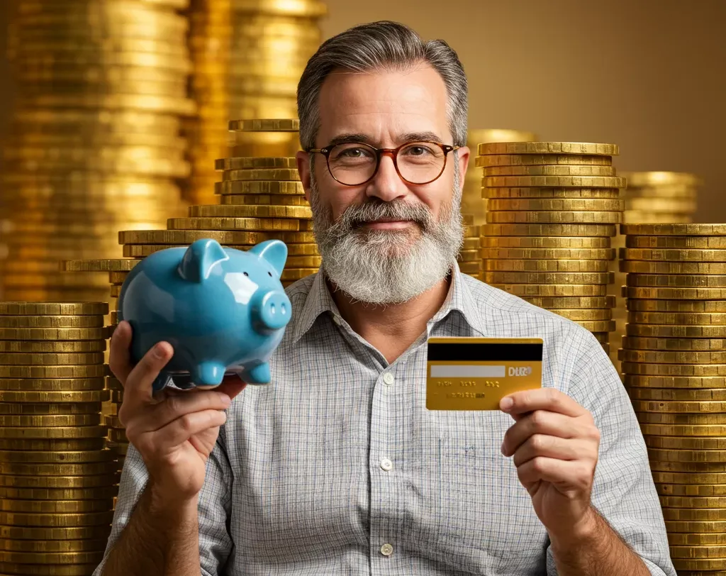 Finanças Pessoais, homem segurando cartão e cofre