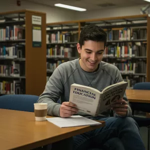 Jovem lendo um livro na biblioteca