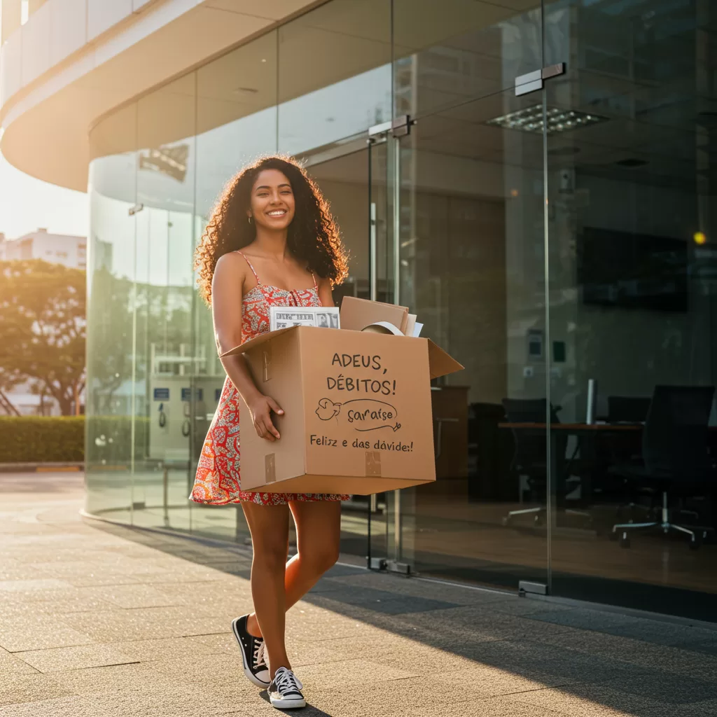 moça com caixa nas mãos sorrindo