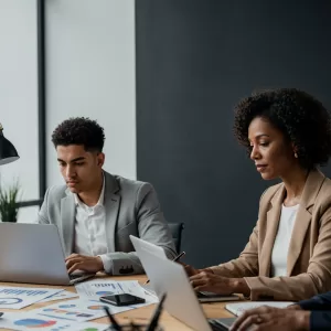 Crises São Oportunidades Para Construir Riquezas: Pessoas em ambiente de escritório colaborando na análise de dados financeiros.