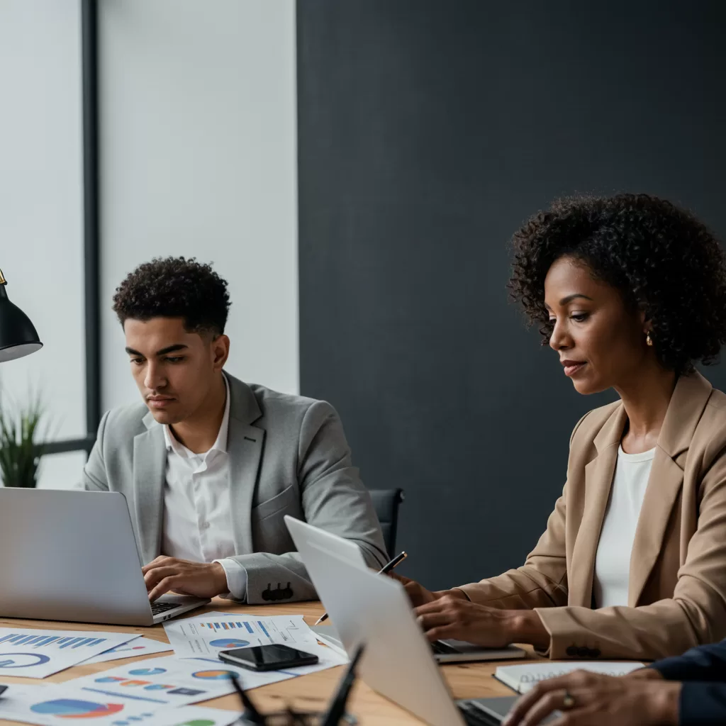Crises São Oportunidades Para Construir Riquezas: Pessoas em ambiente de escritório colaborando na análise de dados financeiros.