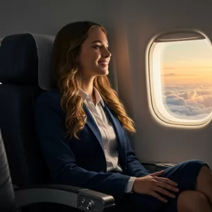 Milhas: Como usar Uma mulher sorridente e elegante, vestindo um blazer azul e camisa branca, está sentada confortavelmente em um assento de avião, olhando pela janela para um céu alaranjado e cheio de nuvens. A luz suave da janela ilumina seu rosto enquanto ela aprecia a vista.