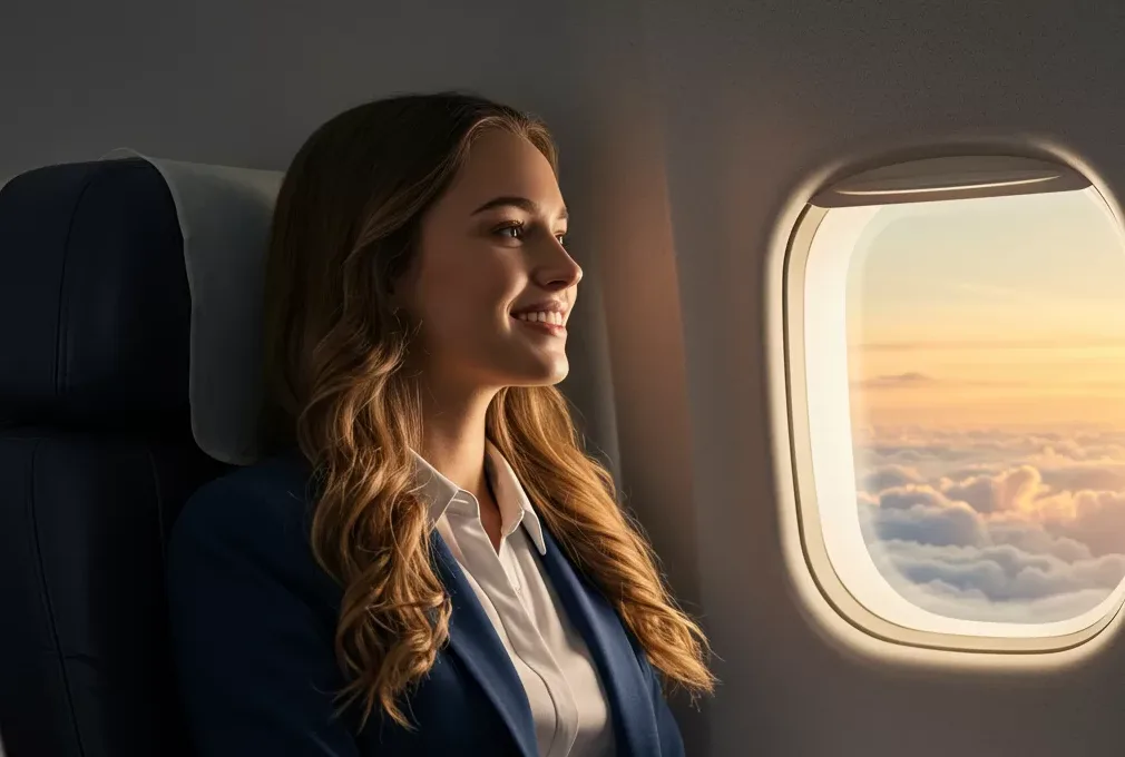 Milhas: Como usar Uma mulher sorridente e elegante, vestindo um blazer azul e camisa branca, está sentada confortavelmente em um assento de avião, olhando pela janela para um céu alaranjado e cheio de nuvens. A luz suave da janela ilumina seu rosto enquanto ela aprecia a vista.
