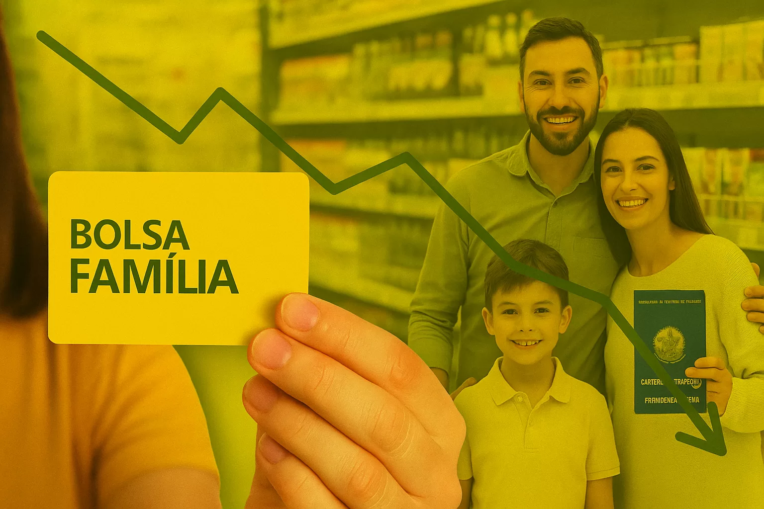 cartão Bolsa Família em foco na mão de uma mulher; ao fundo, prateleira de supermercado e família sorrindo com carteira de trabalho; sobreposição de um gráfico simples descendente (queda) discreto.